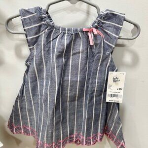 Oshkosh Baby B'gosh 2pc Blue Striped Dress w/Pink Embroidery border, 24 Months